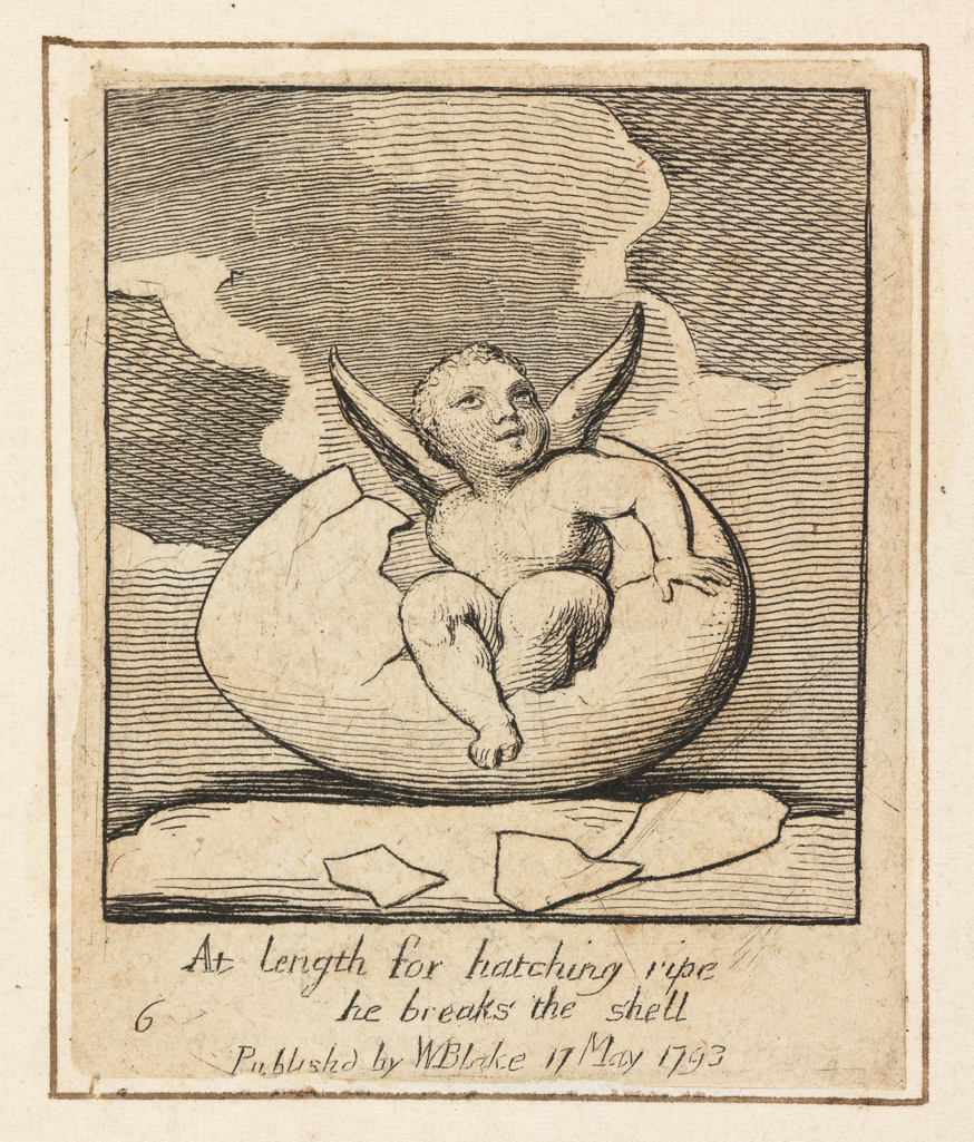 Cherub emerging from egg shell.